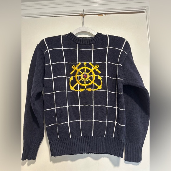 Vintage 90s Tommy Hilfiger Embroidered Geometric Nautical Crew Neck Sweater. - Picture 1 of 10